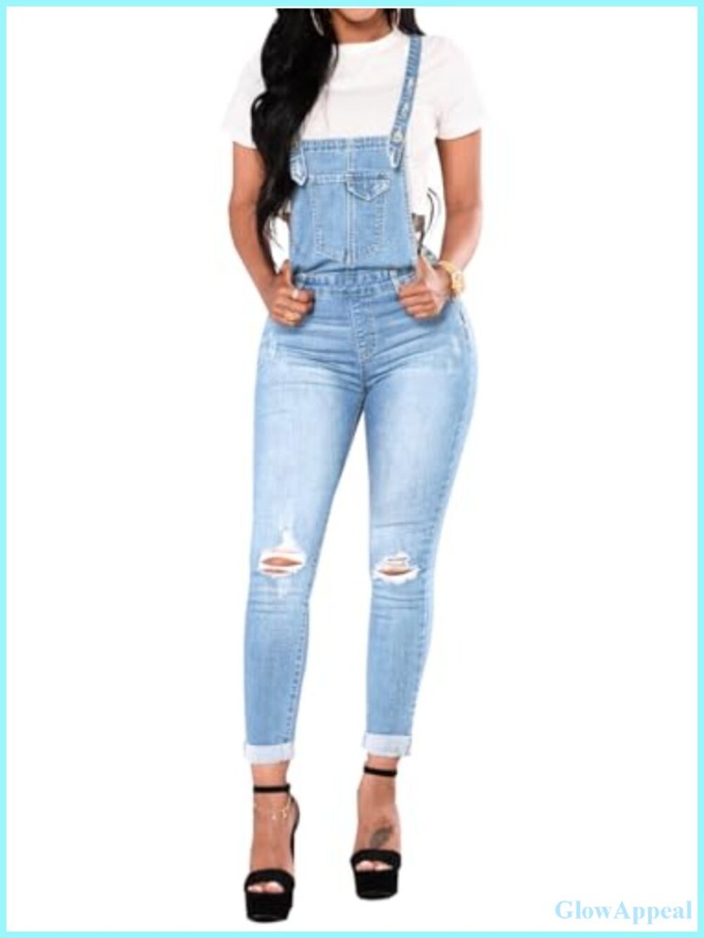 Skinny Ripped Denim Overalls High Waist Adjustable Straps Cotton Jumpsuit